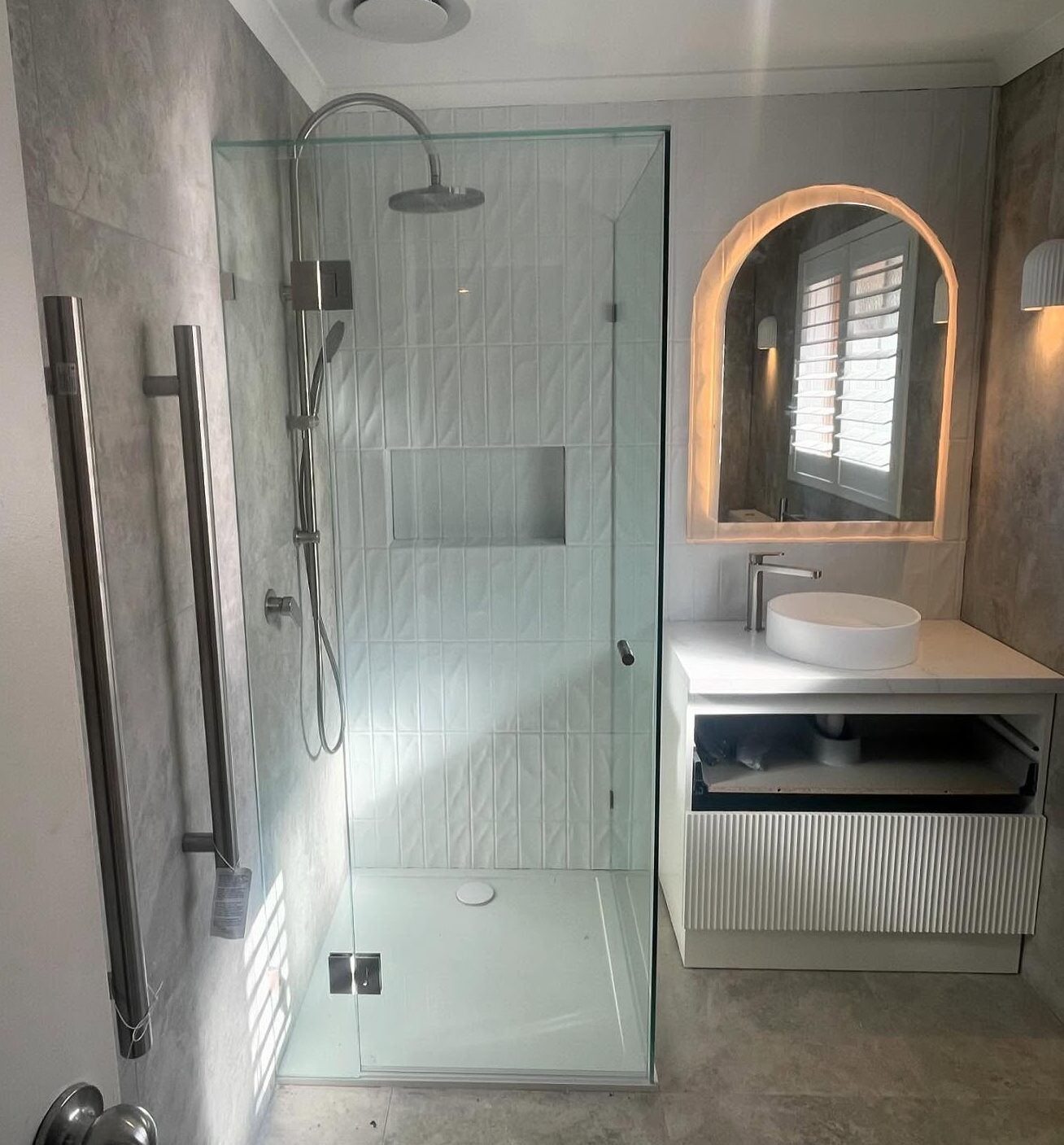 Brushed nickel hardware clear glass